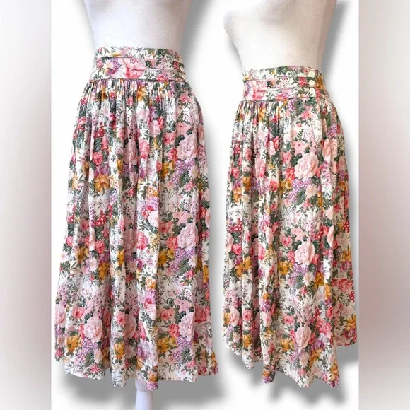 Vtg 80s Floral Cottagecore High Waist Floral Midi Skirt With Pockets XS - Picture 7 of 14